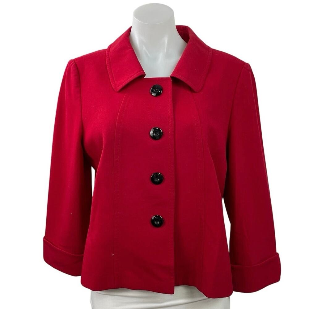 Tahari Women's Red Long Sleeve Button Down Collared Blazer Coat Jacket Size M